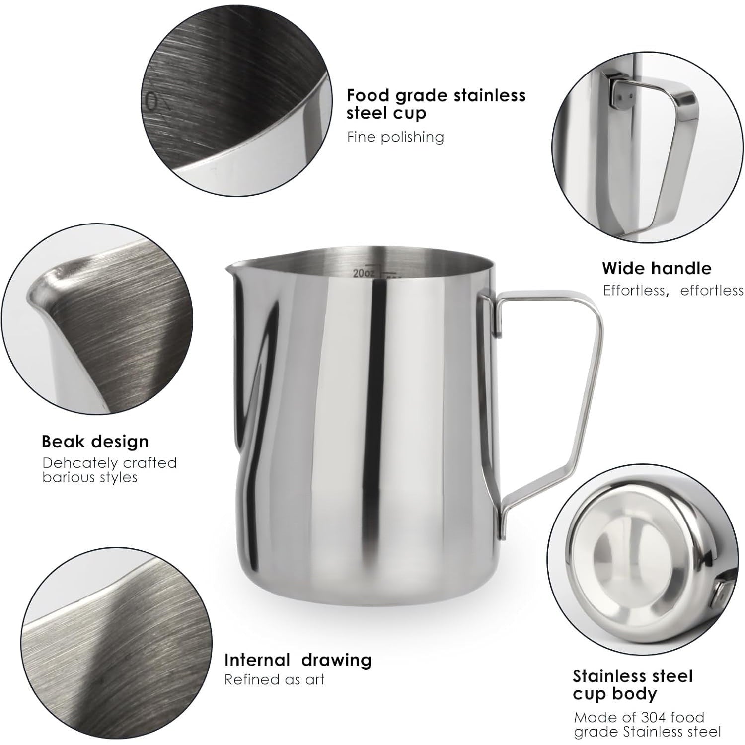 Stainless steel cup with beak design, wide handle, and food grade material on a white background.
