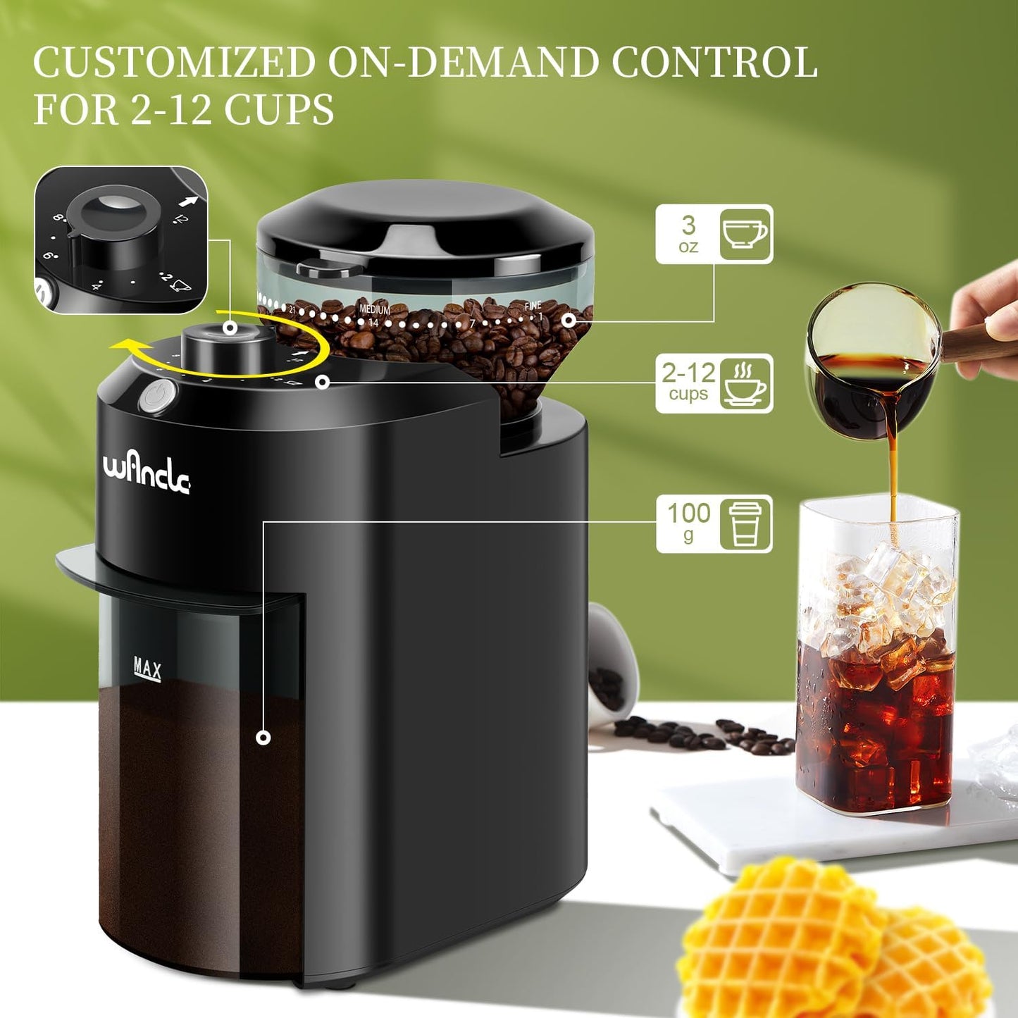 Wancle Electric Burr Coffee Grinder with 28 Precise Settings for 12 Cups - Black