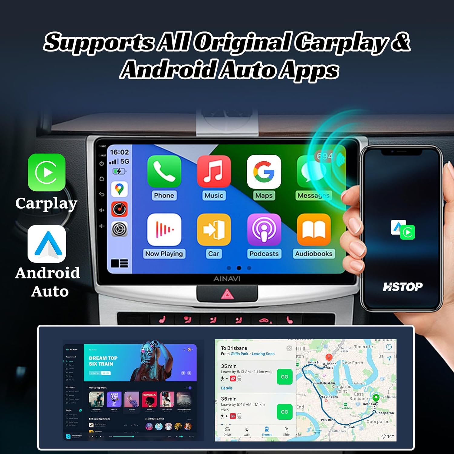 HSTOP 2-in-1 Android Auto & Apple CarPlay Wireless Adapter, USB‑A to USB‑C Converter