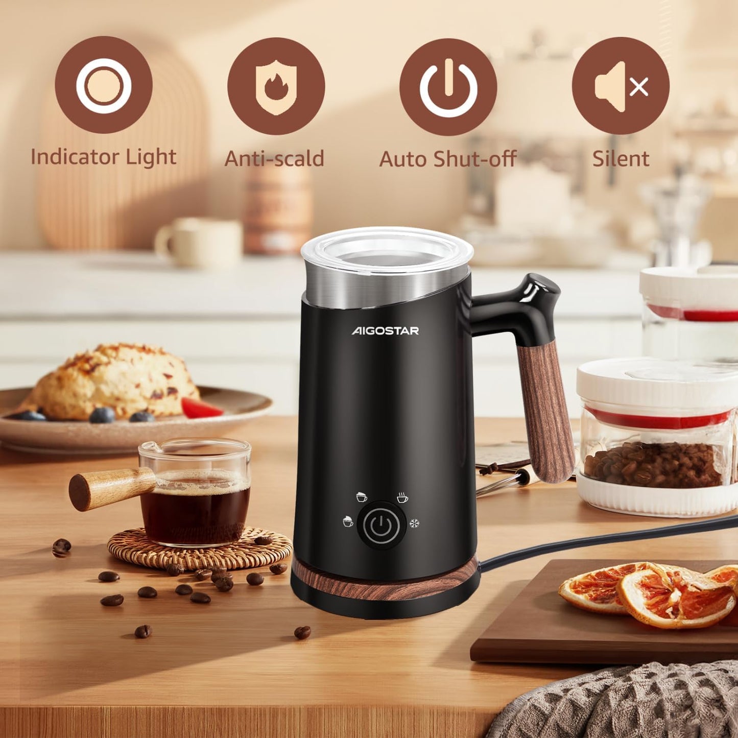 Aigostar Automatic Milk Frother and Warmer, Electric Steamer for Creamy Coffee