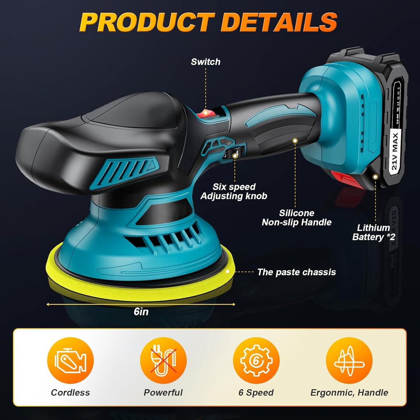 XIAZIR Cordless 6" Car Buffer Polisher with 2x2000mAh Batteries