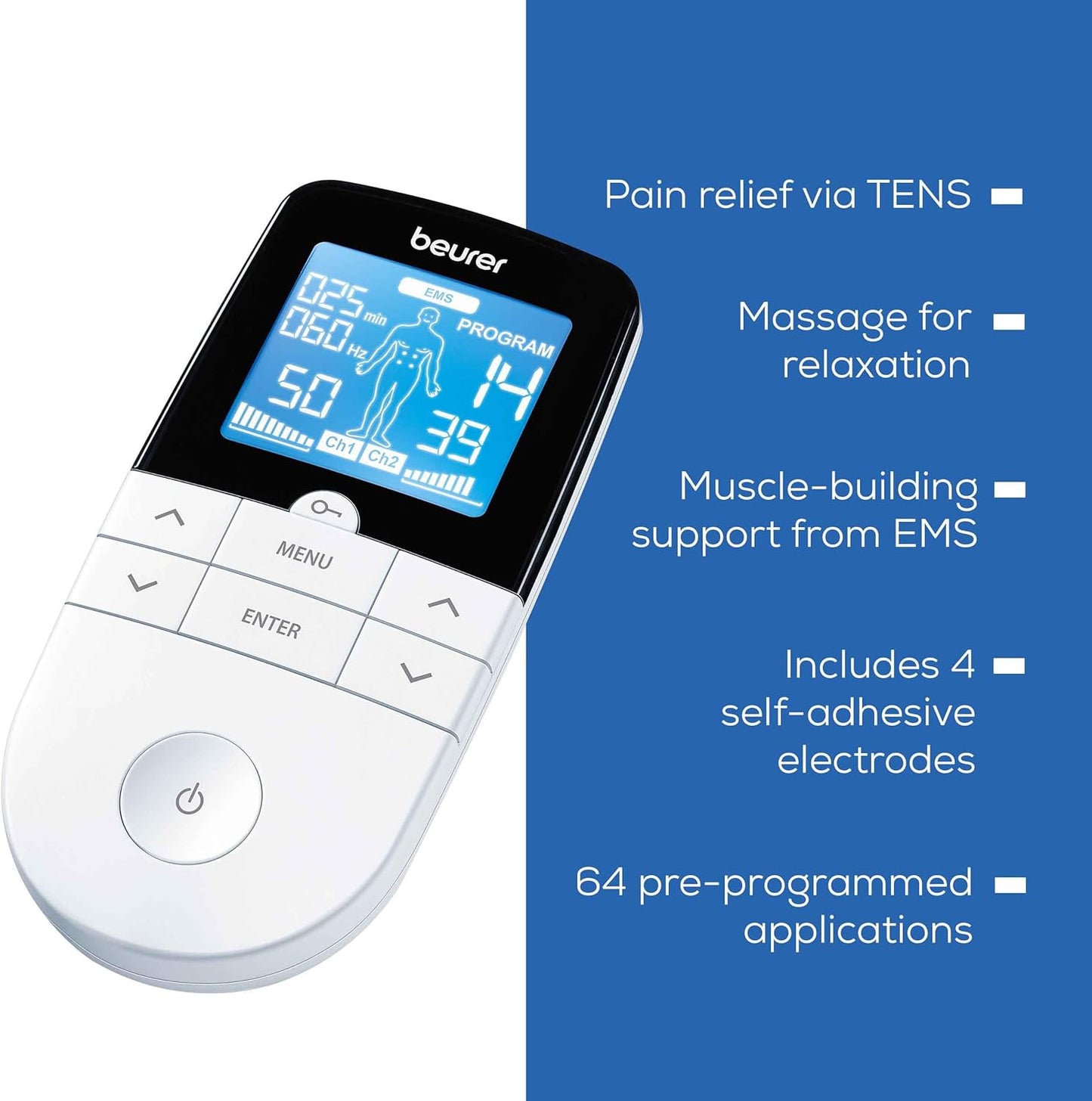 Beurer EM 49 Digital TENS EMS Unit: Pain Relief, Muscle Training, Massage, Electrodes