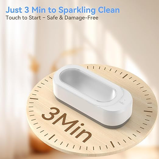 White cleaning device on a wooden clock with text about quick cleaning time and safety.