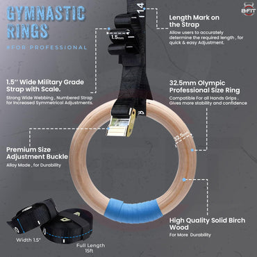 B Fit Wooden Gymnastic Rings with Heavy-Duty Adjustable Straps