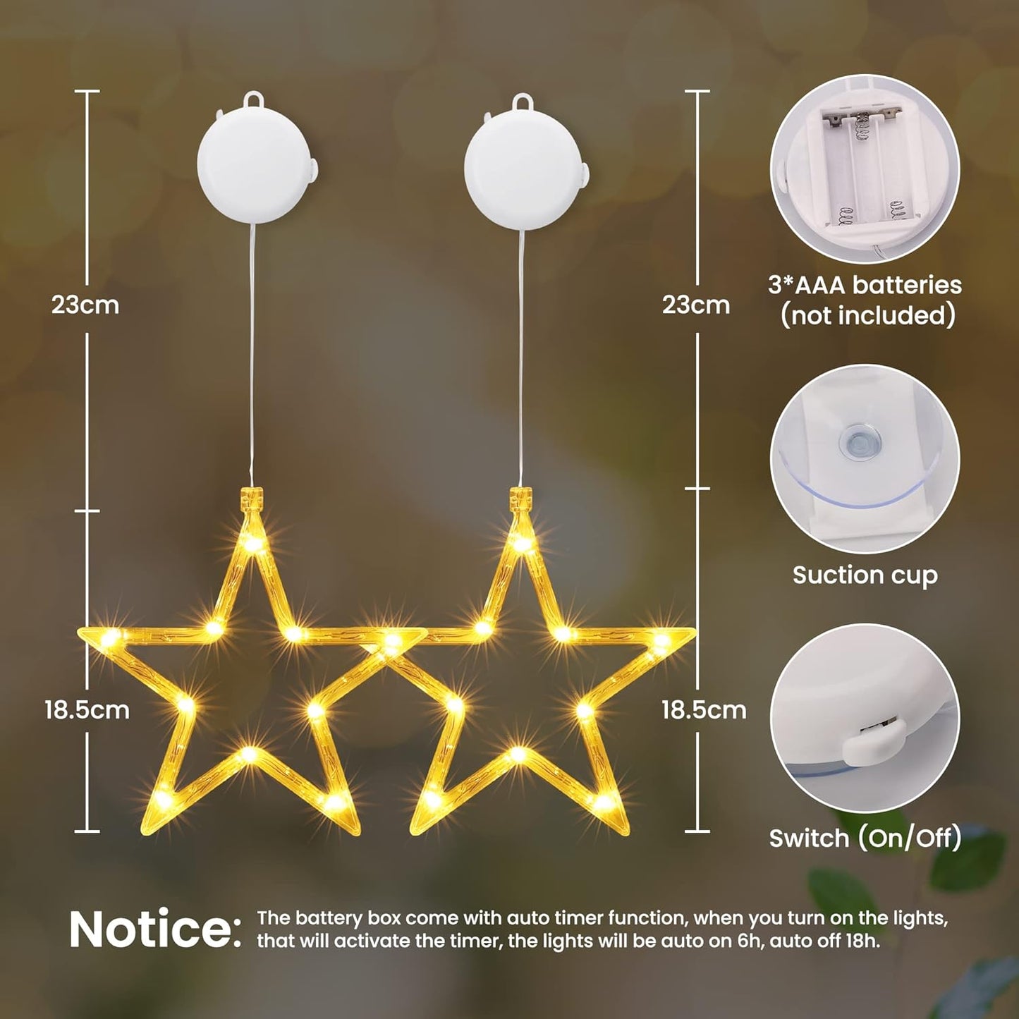 Qedertek LED Star Window String Lights Warm White Battery‑Powered 2‑Pack