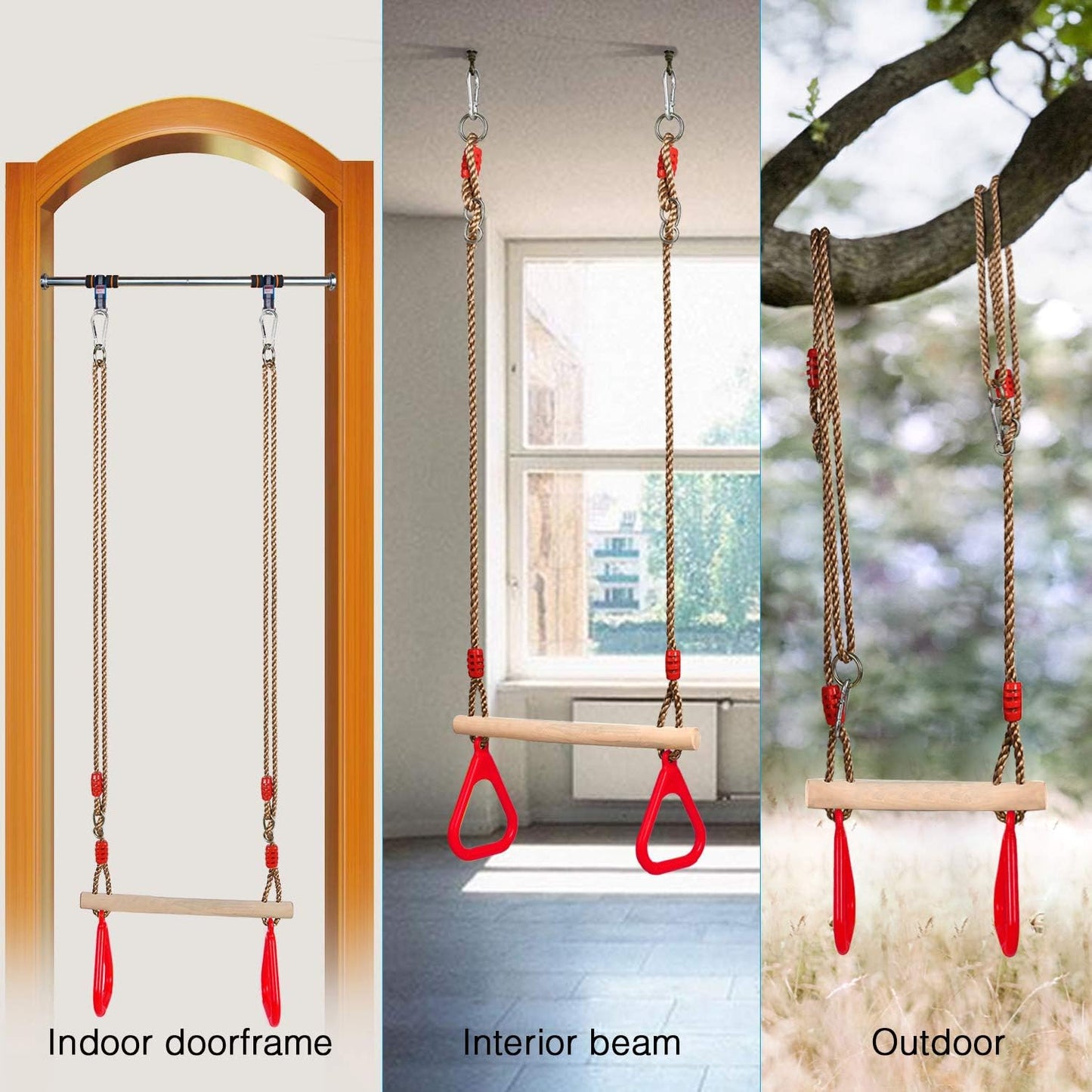 Durable Red Wooden Trapeze Swing with Adjustable Rope Rings