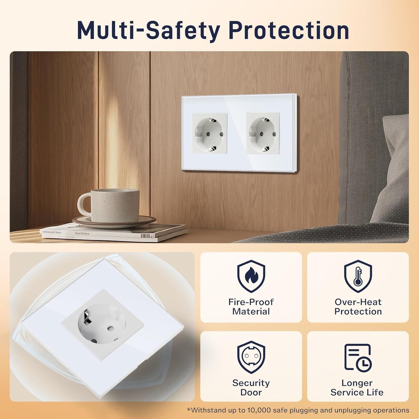 BSEED Double Schuko Socket with Crystal Glass Plate for Electrical Outlets