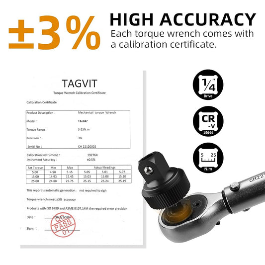 TAGVIT 1/4-Inch High Precision Torque Wrench, 5-25 Nm, Chrome Vanadium Steel