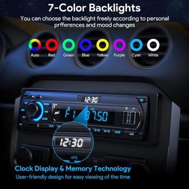 Wistrue Bluetooth Car Radio Stereo, Hands-Free, LCD Clock, 7-Color Lighting - Gomix Brands Outlet