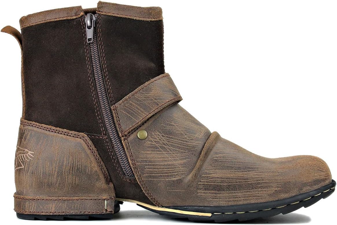 OSSTONE Men's Moto Leather Boots with Side Zipper
