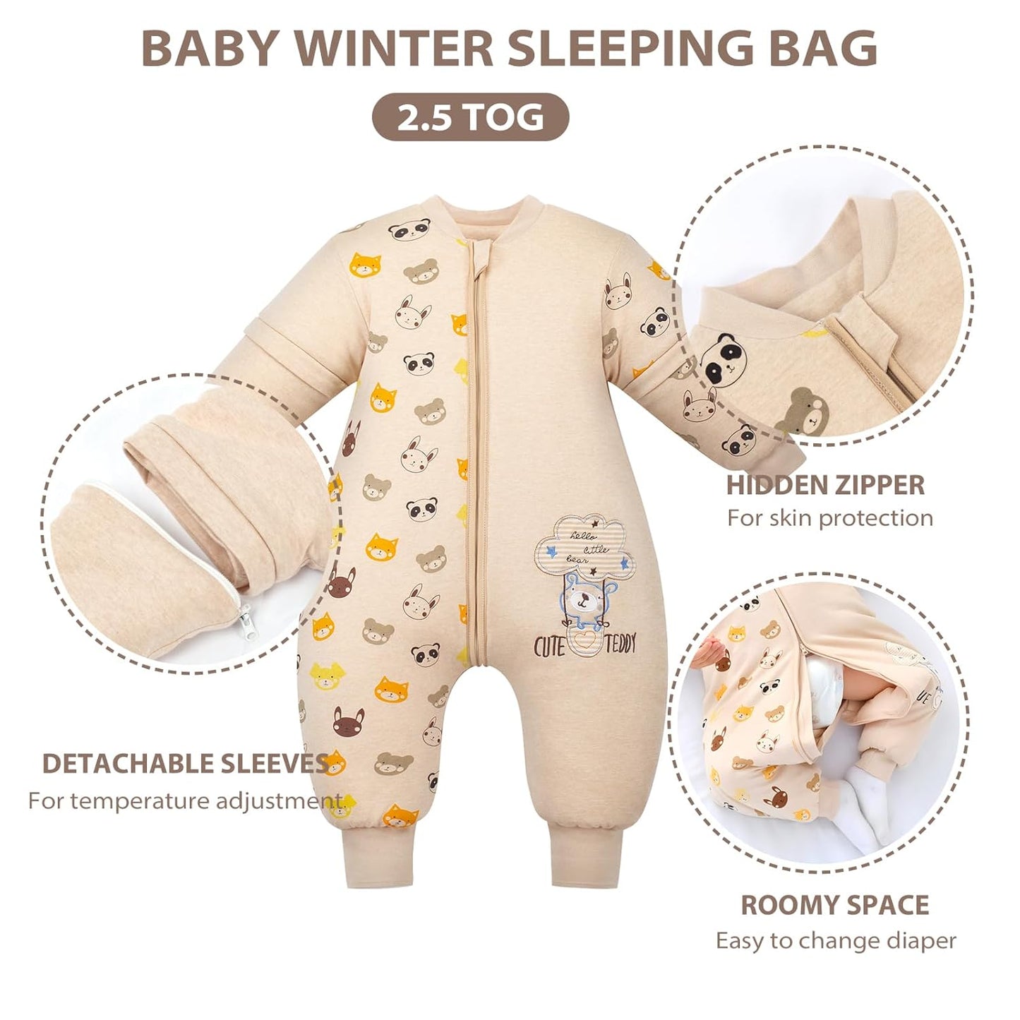 Cozy Bear-Themed Warm Lined Baby Sleeping Bag with Removable Sleeves