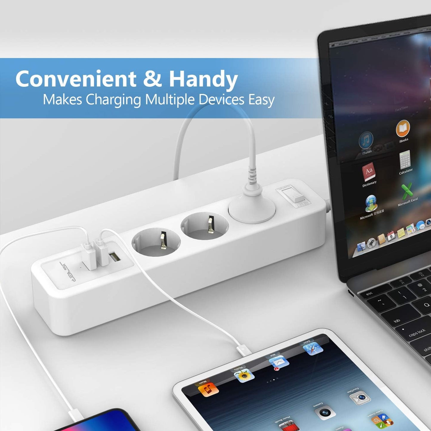 JSVER Strip with 3 Outlets, 3 USB Ports, 2m Cable