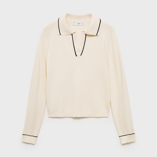 Chic Knit Polo Collar Long Sleeve Pullover Sweater with Contrast Stripes