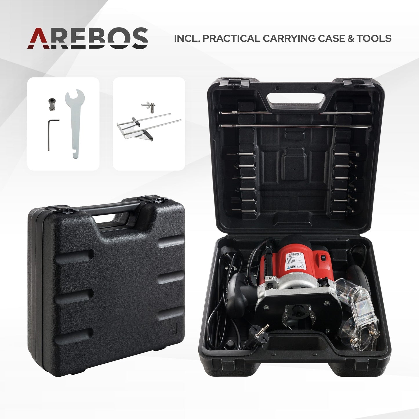 AREBOS 1200W Electric Router with 12 Cutters and Carrying Case