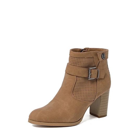 Women's Chunky Heel Ankle Boots with Perforated Suede Faux Leather - Gomix Brands Outlet
