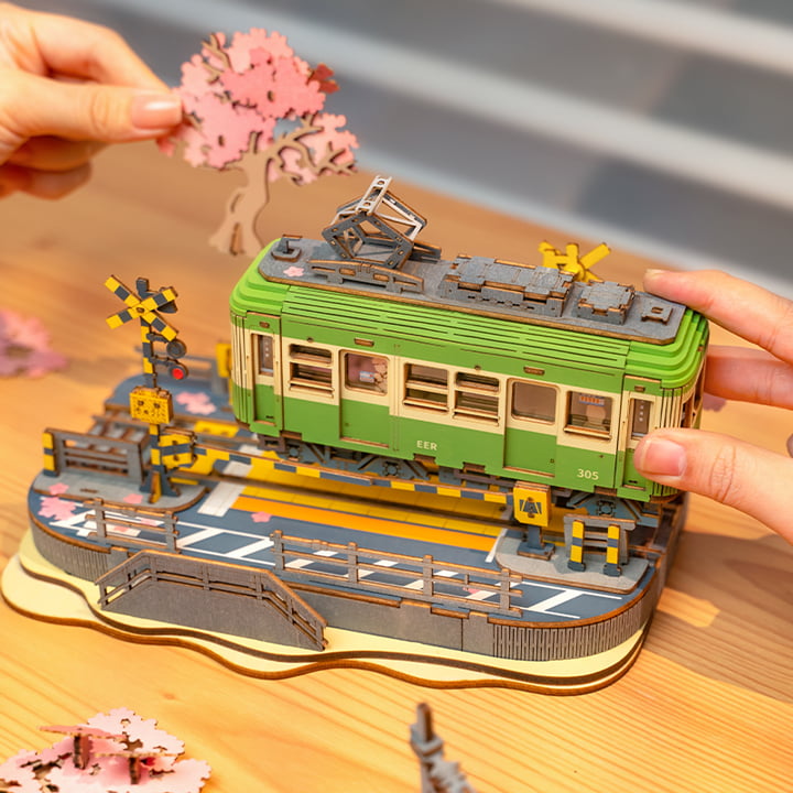 Enchanting Sakura Journey TGS02 Wooden 3D Tram Model Kit with LED Lights