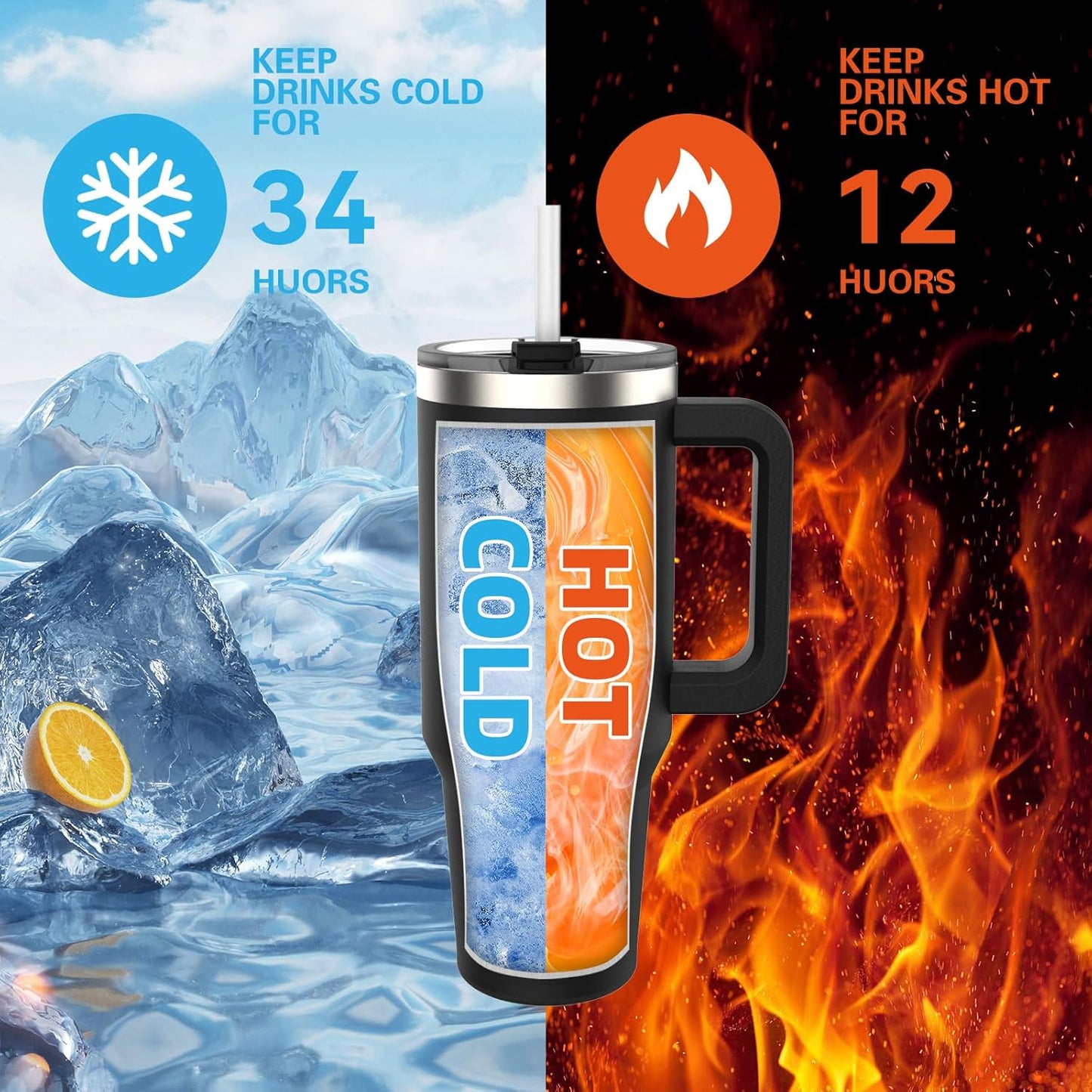 WATERSY 40oz Black Insulated Tumbler with Handle, Lid, Straw