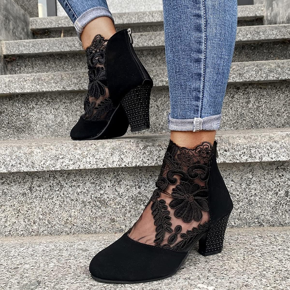 Women's Elegant Lace Ankle Boots - Breathable High Block Heel Booties