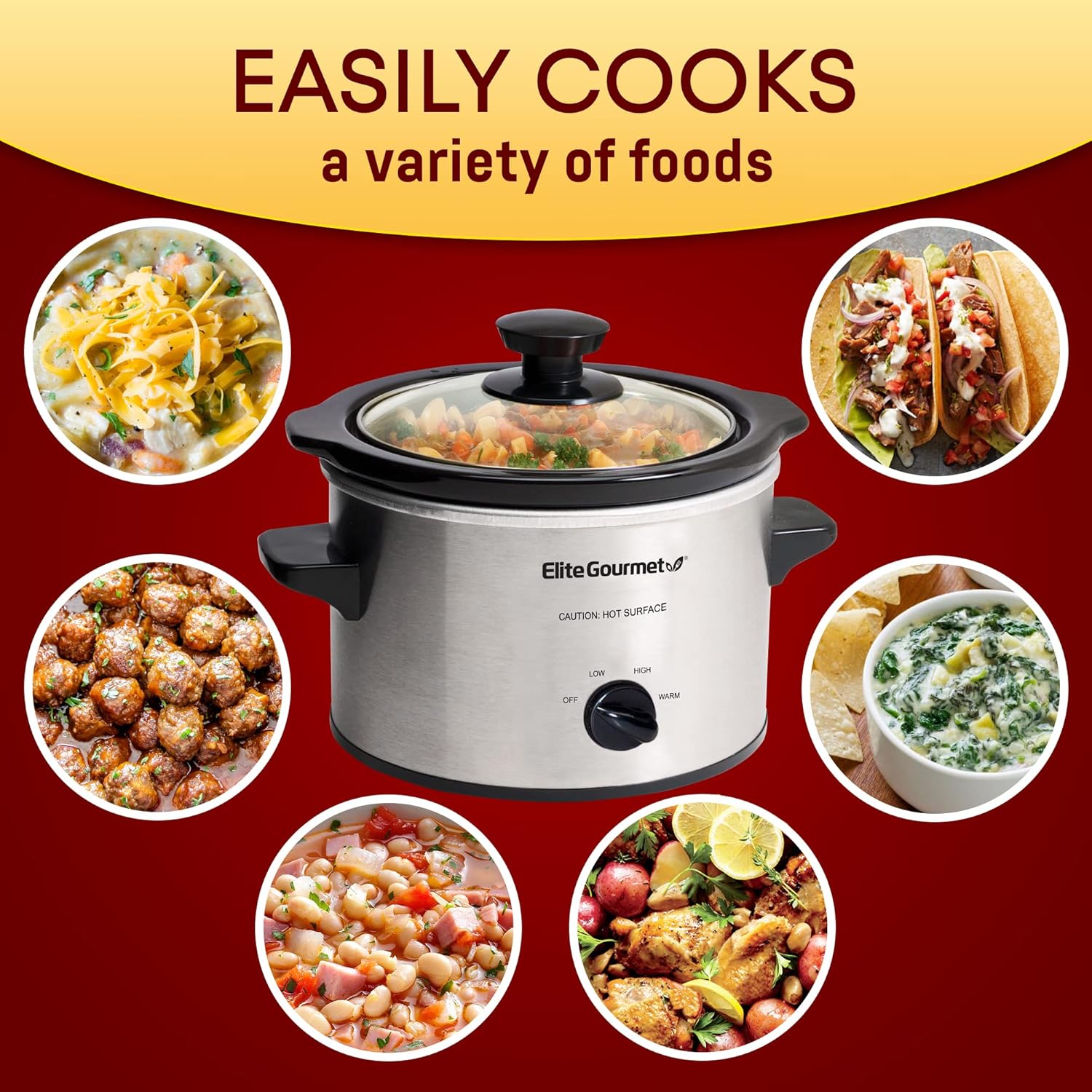 Elite Gourmet MST-250XS Electric Ceramic Slow Cooker Adjustable Temperature 1.7L Stainless Steel