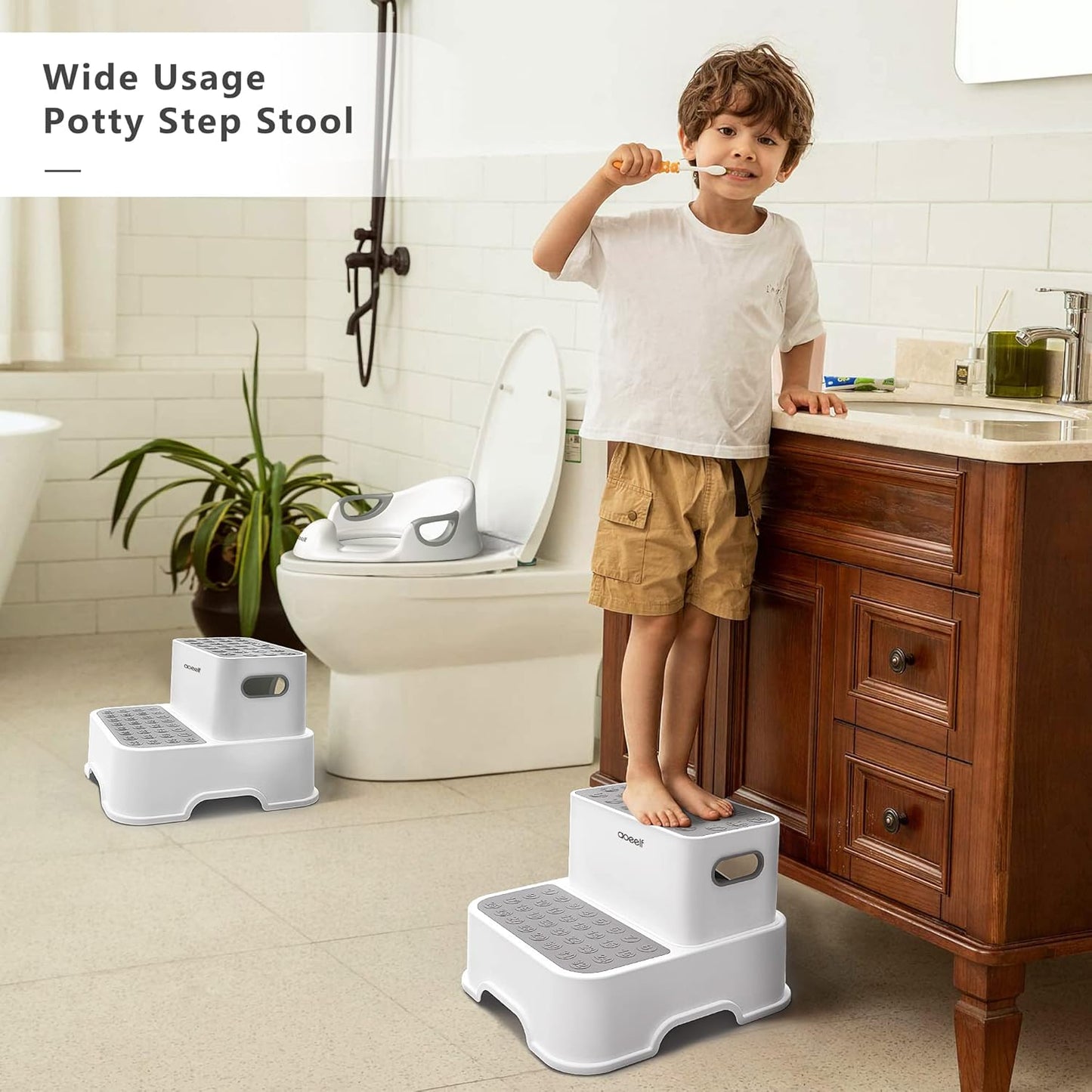Adjustable Gray Potty Training Seat with Step Stool