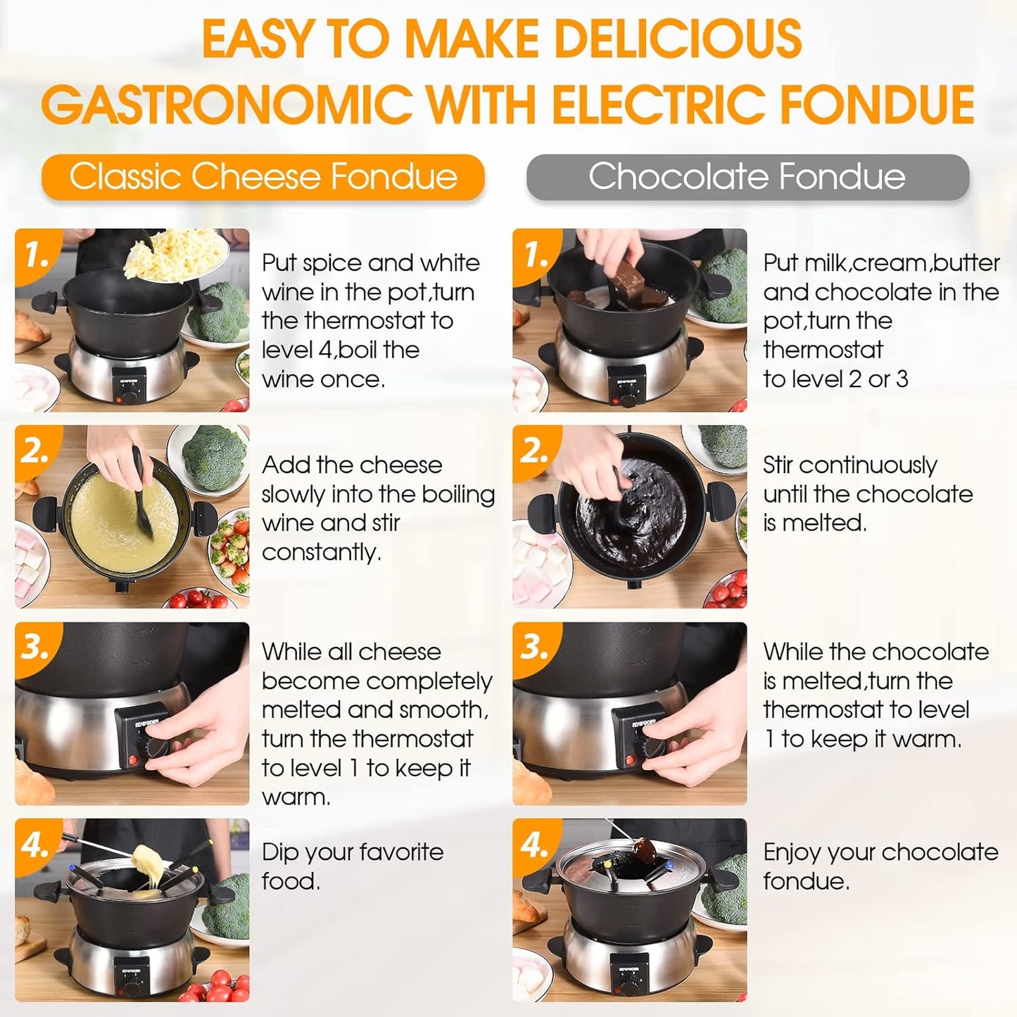 Instructions for making classic cheese and chocolate fondues using an electric fondue set.