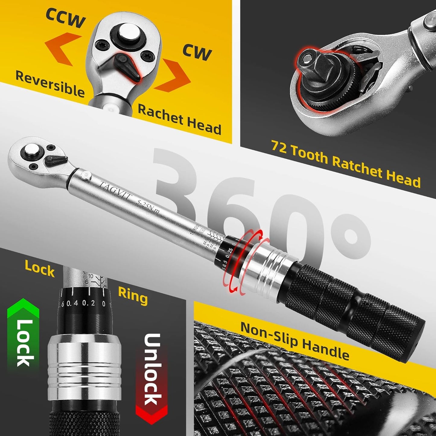 TAGVIT 1/4-Inch High Precision Torque Wrench, 5-25 Nm, Chrome Vanadium Steel