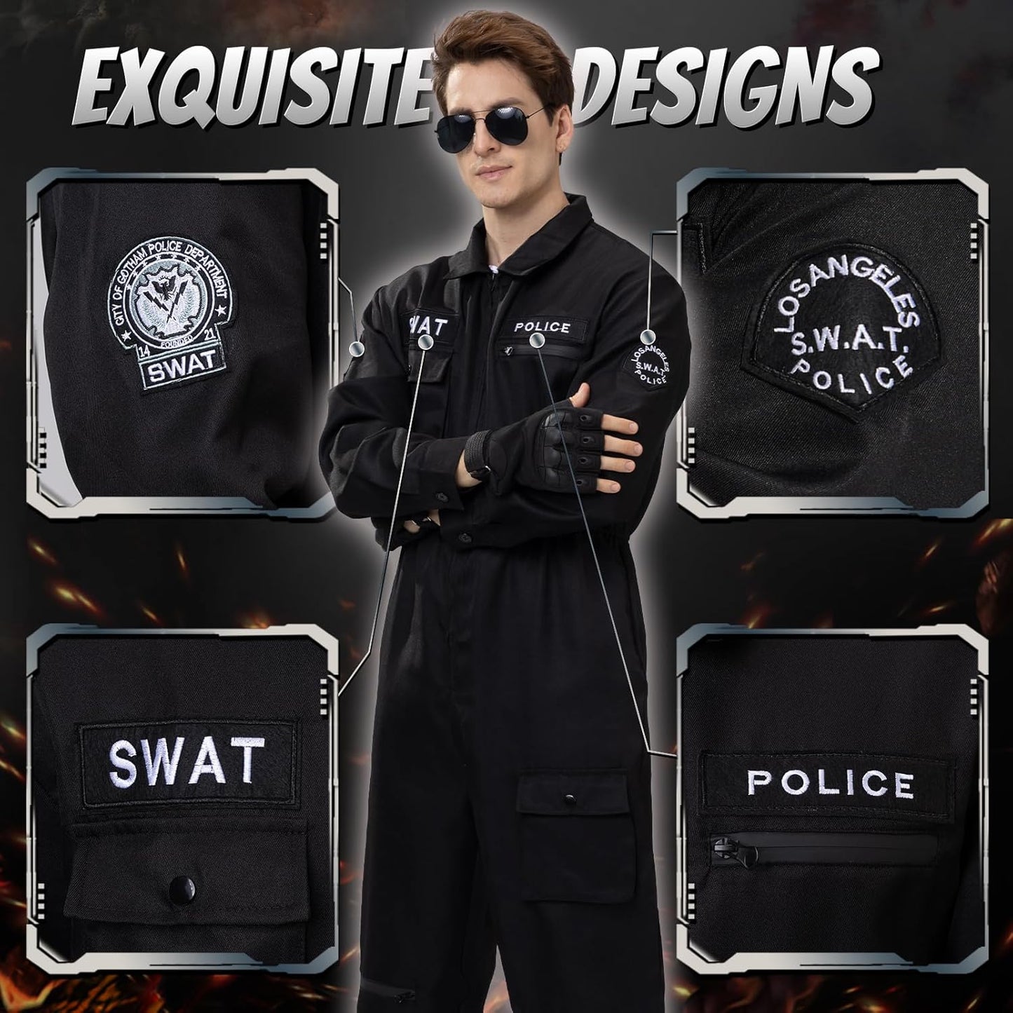 Ulikey Men's Tactical SWAT Jumpsuit with Cap, Sunglasses, Gloves