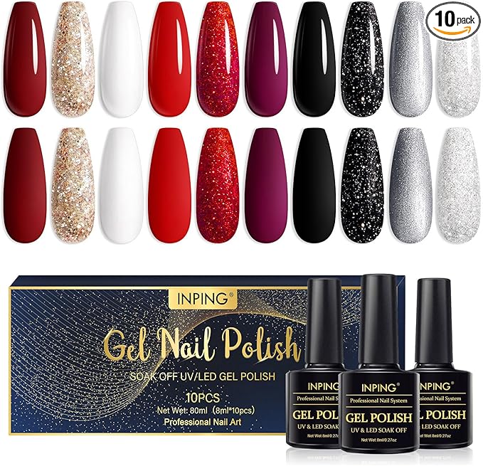 INPING 10-Color Red Black Glitter UV Gel Nail Polish Set