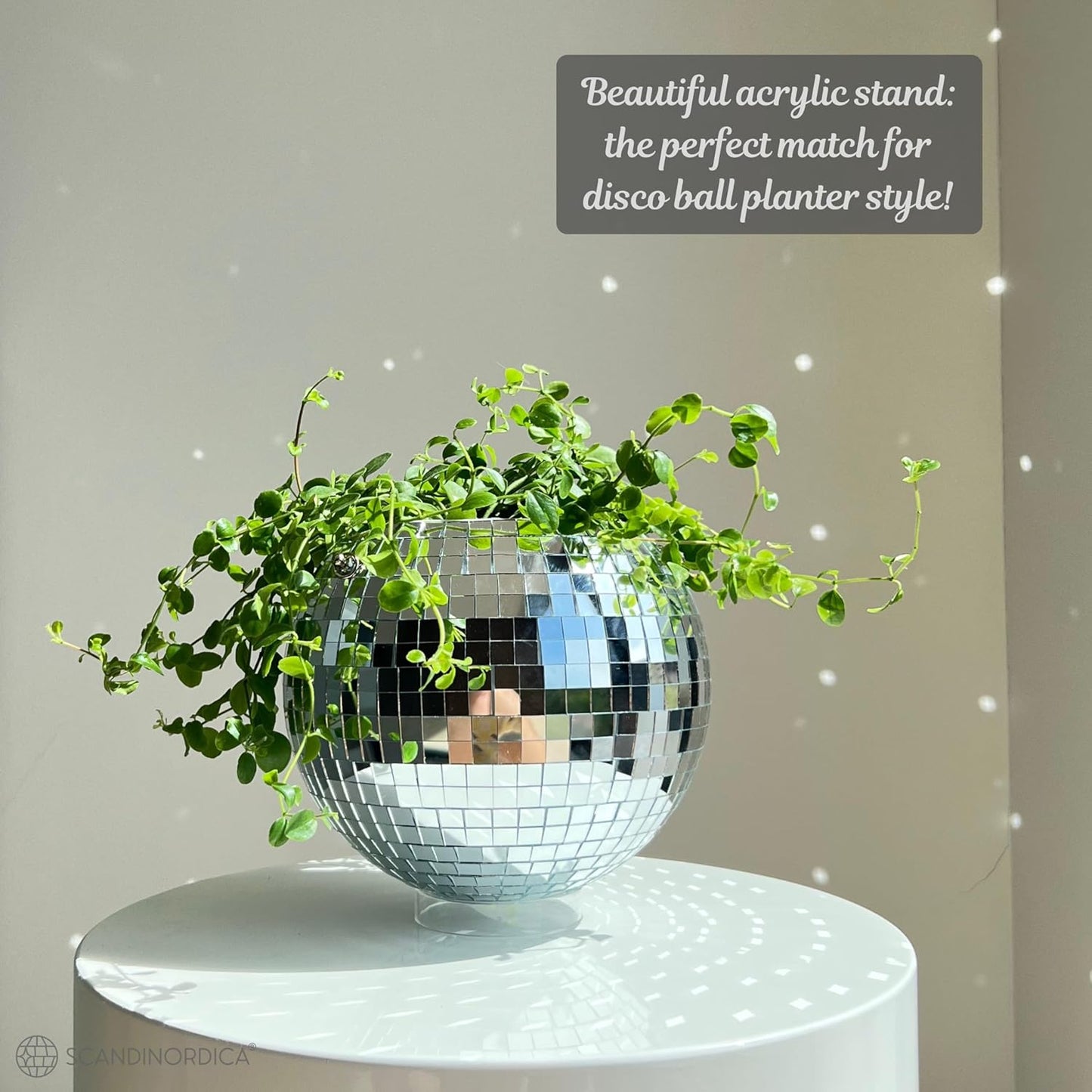 SCANDINORDICA 8‑Inch Silver Disco Ball Hanging Planter with Stand