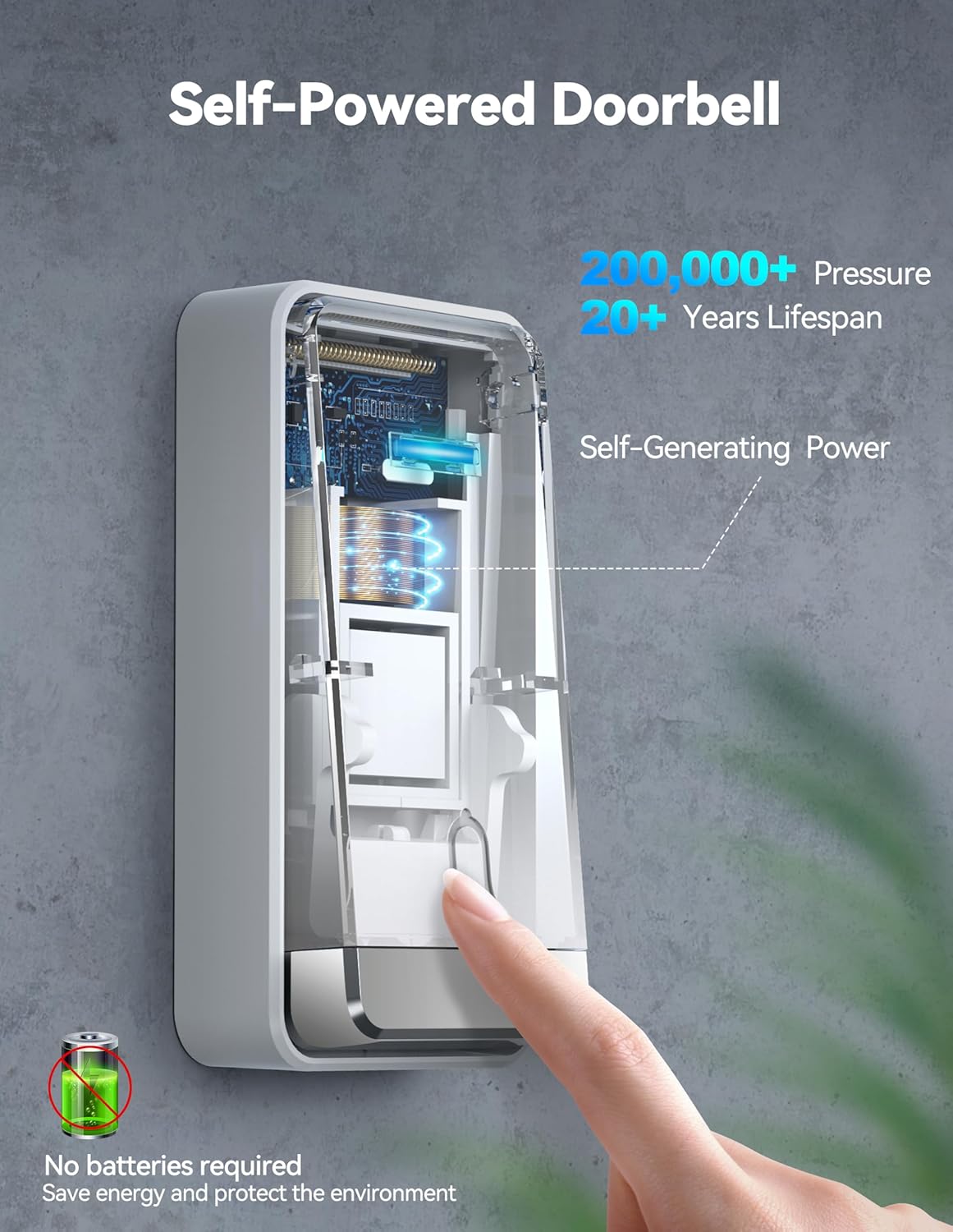 TECKNET Wireless Doorbell: Self-Powered, IP65 Waterproof, Long Range, 60 Chimes