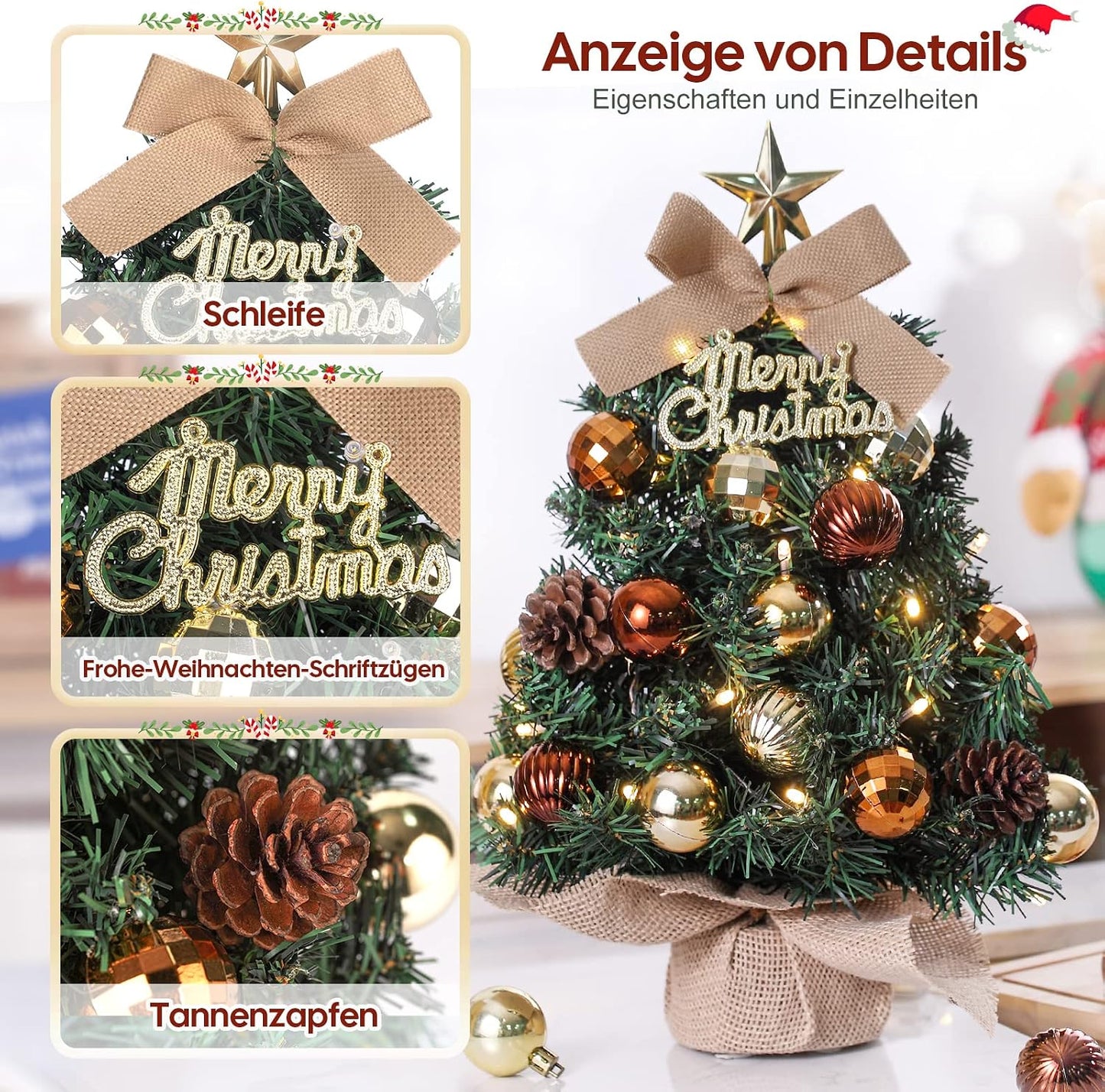 DEWUR 60cm Mini Christmas Tree with LED Lights Table Decoration Green