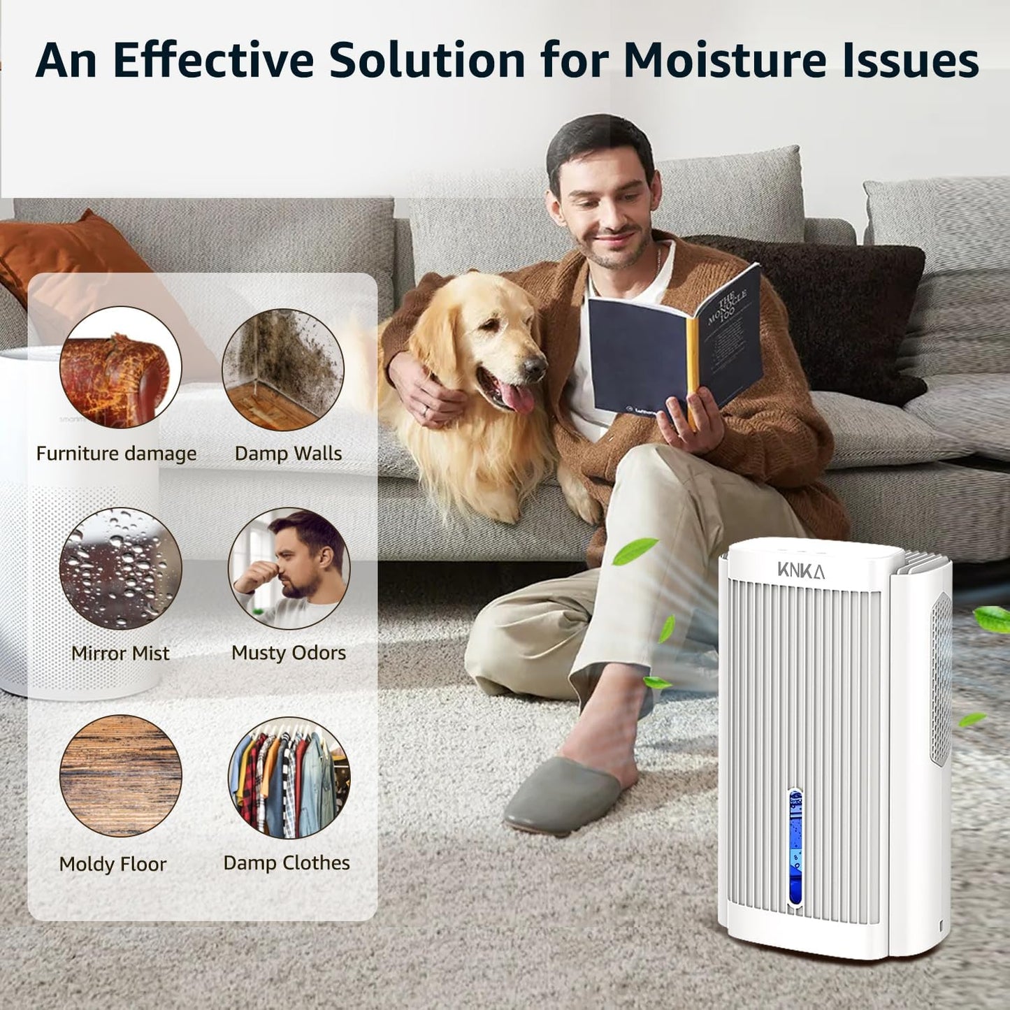 KNKA CS06 95oz Dehumidifier for 1000 sq ft Quiet with Auto Shut Off Sleep Mode 7 Color LED Light White