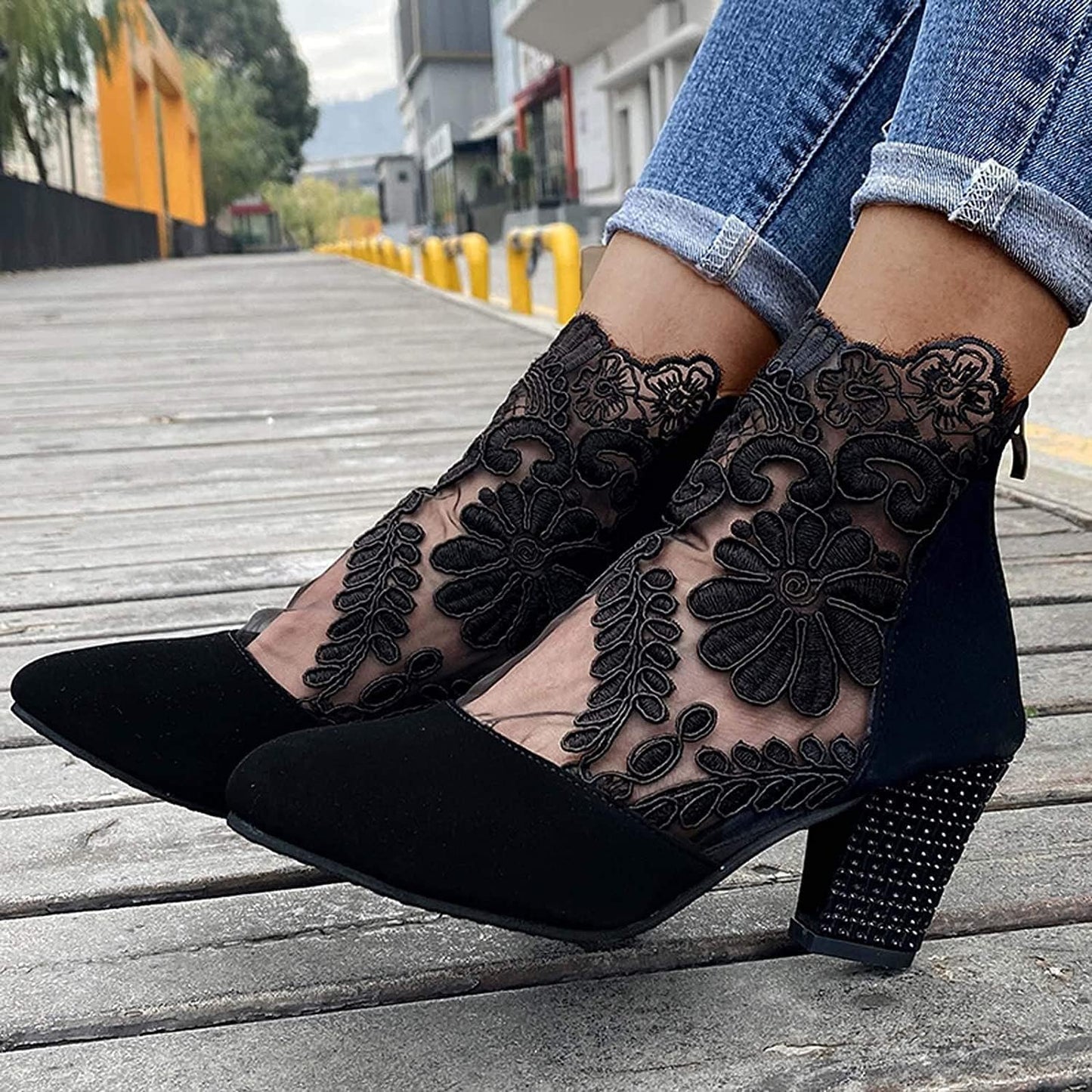 Women's Elegant Lace Ankle Boots - Breathable High Block Heel Booties