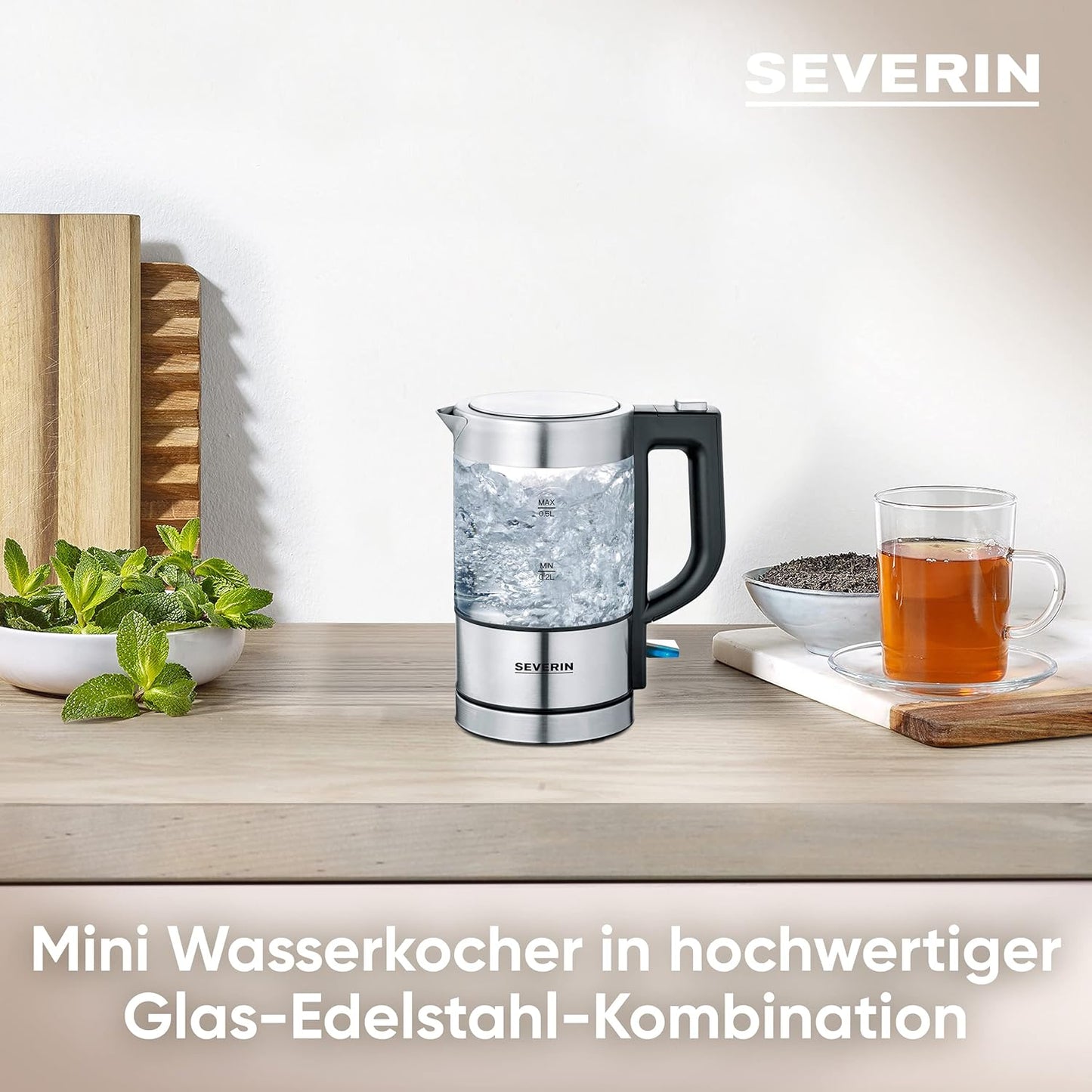 SEVERIN Mini Glass Kettle 0.5L Stainless Steel Black Compact