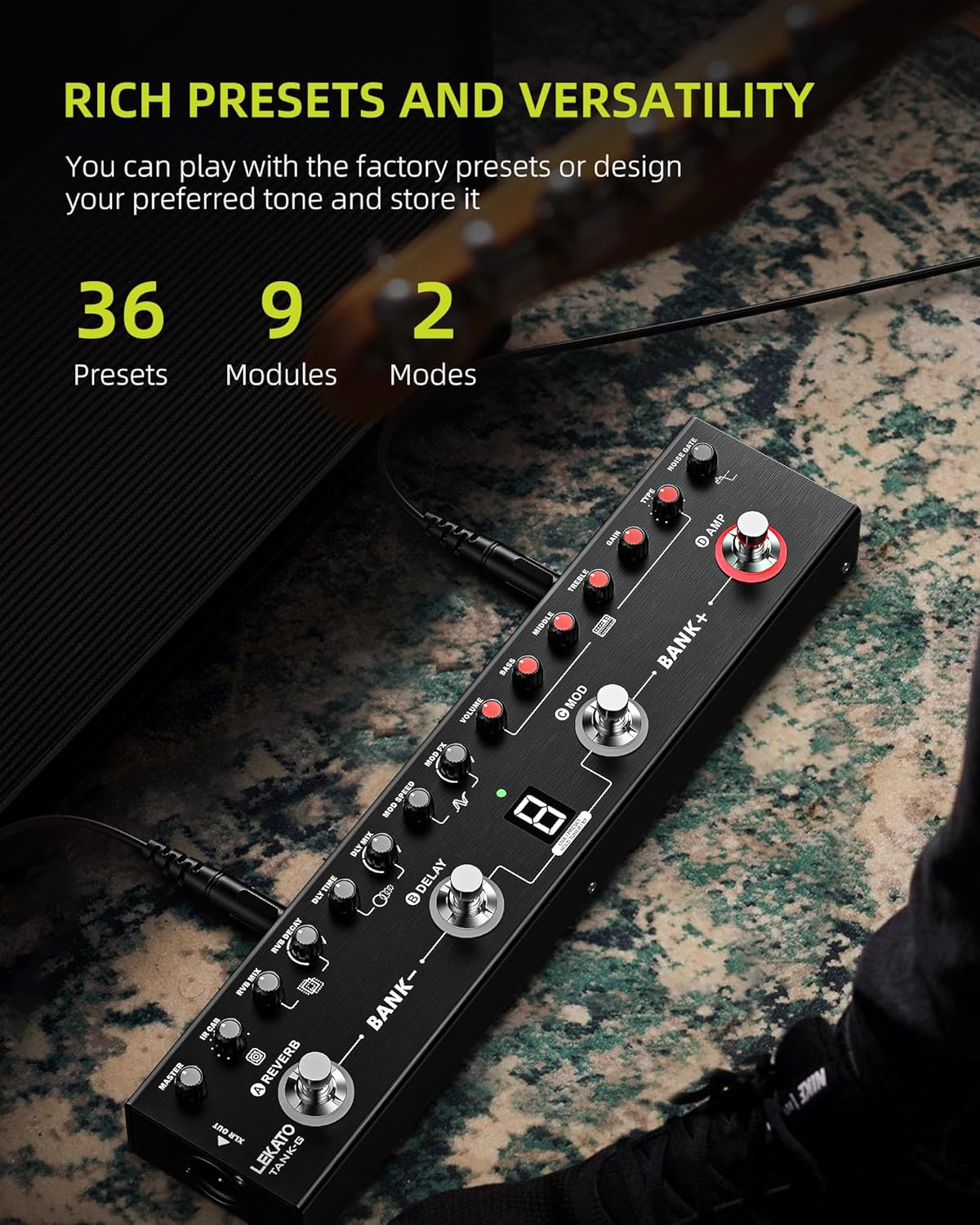 LEKATO Multi-Effect Guitar Pedal with 36 Editable Presets, Bluetooth, Built‑In Battery