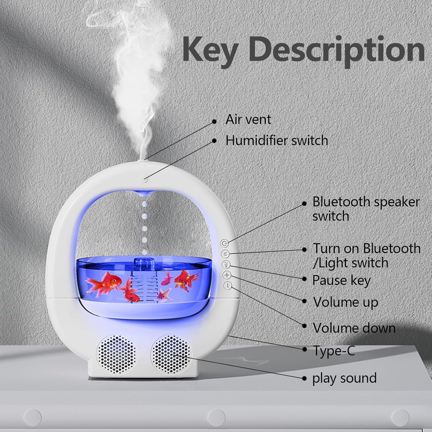 Anti-Gravity Humidifier with Fish Tank, 7-Color Night Light & Bluetooth Speaker