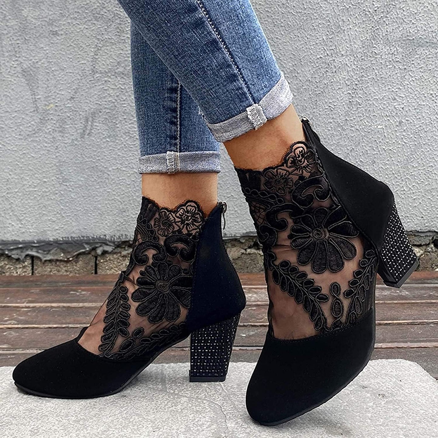 Women's Elegant Lace Ankle Boots - Breathable High Block Heel Booties