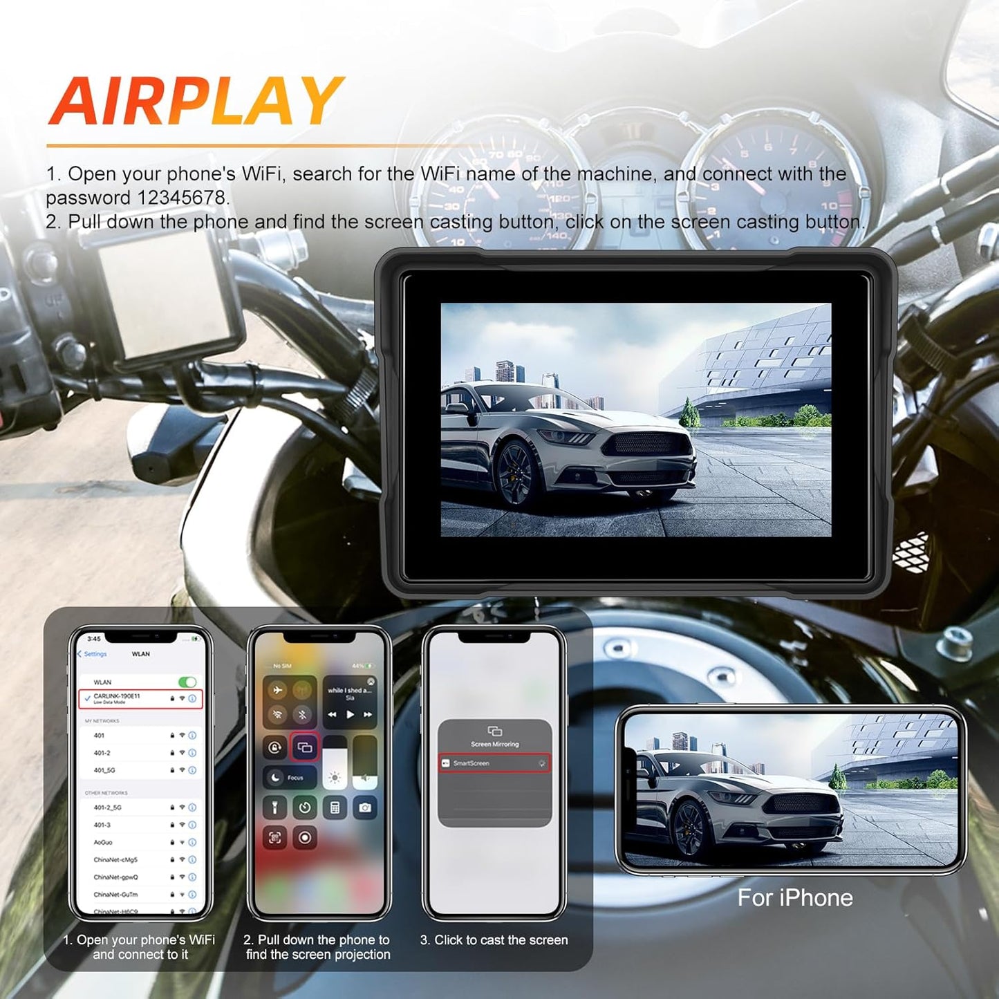 CAMECHO 5-inch Waterproof Wireless Motorcycle CarPlay Android Auto Touchscreen