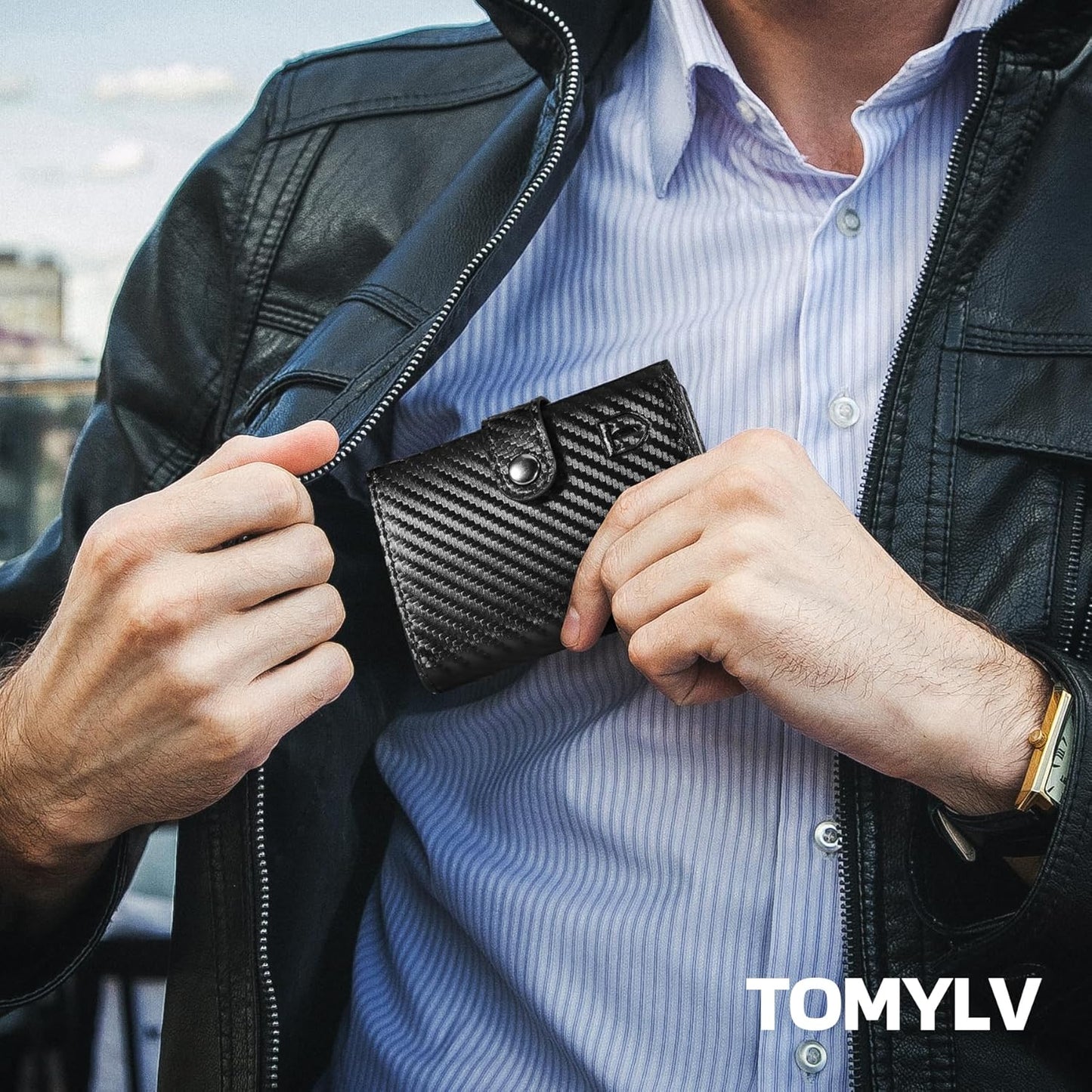 Tomylv RFID-Blocking Carbon Fiber Leather Bifold Wallet – Black/Orange