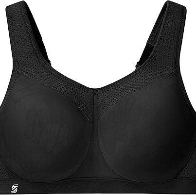 Black sports bra with mesh panels on a white background
