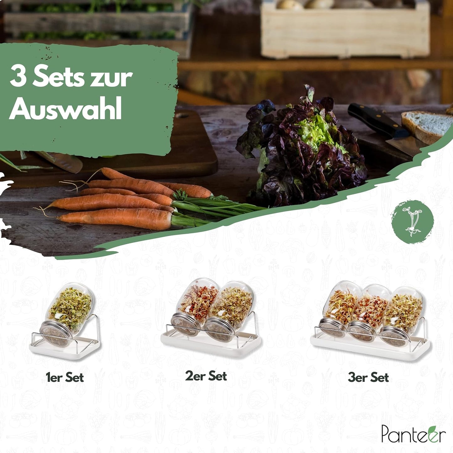 Panteer 940ml Sprout Jar Set with Stainless Lid and Strainer