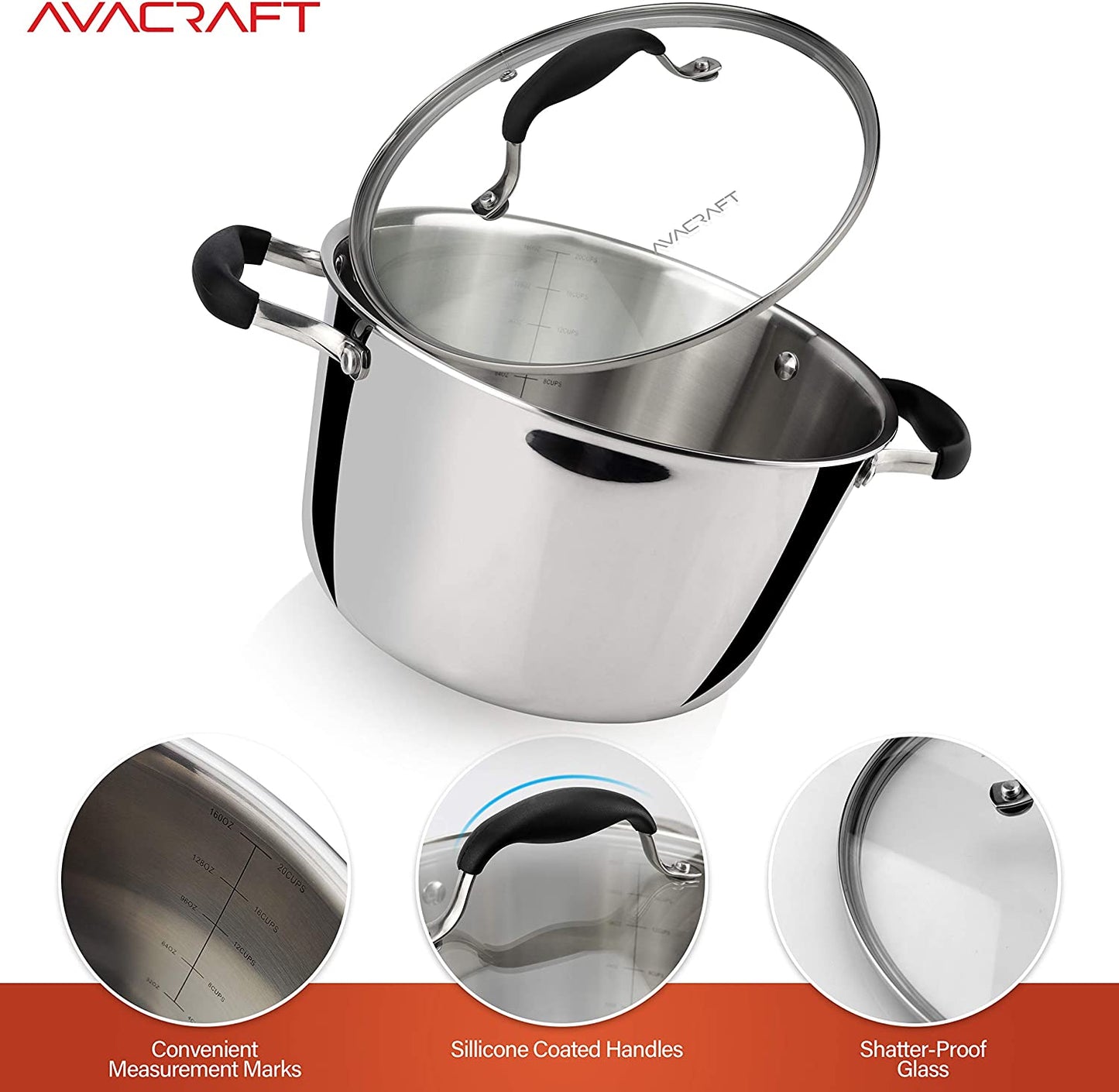 AVACRAFT 5-Quart 18/10 Tri-Ply Stainless Steel Multipurpose Pot with Glass Lid