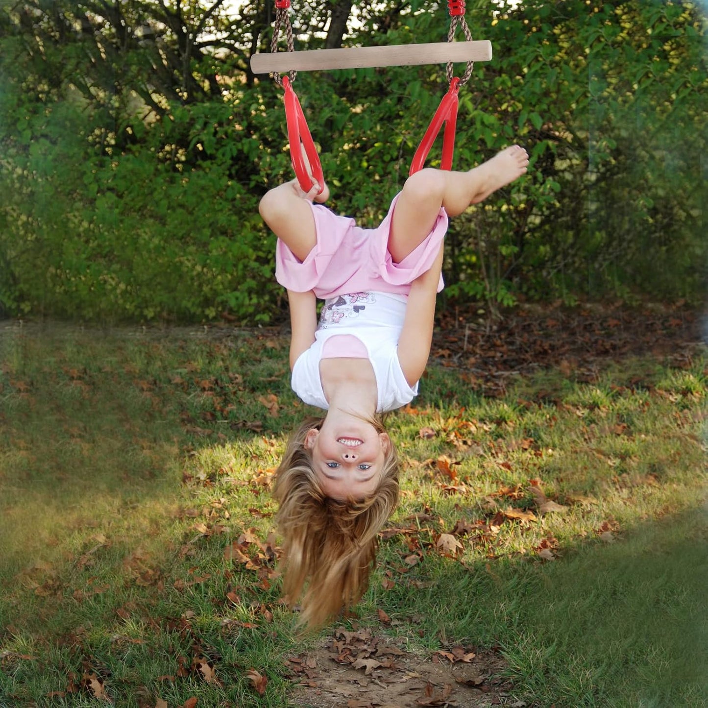 Durable Red Wooden Trapeze Swing with Adjustable Rope Rings