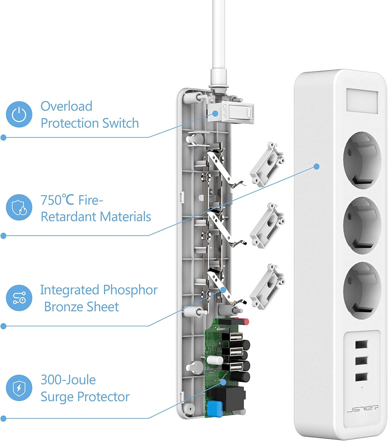 JSVER Strip with 3 Outlets, 3 USB Ports, 2m Cable