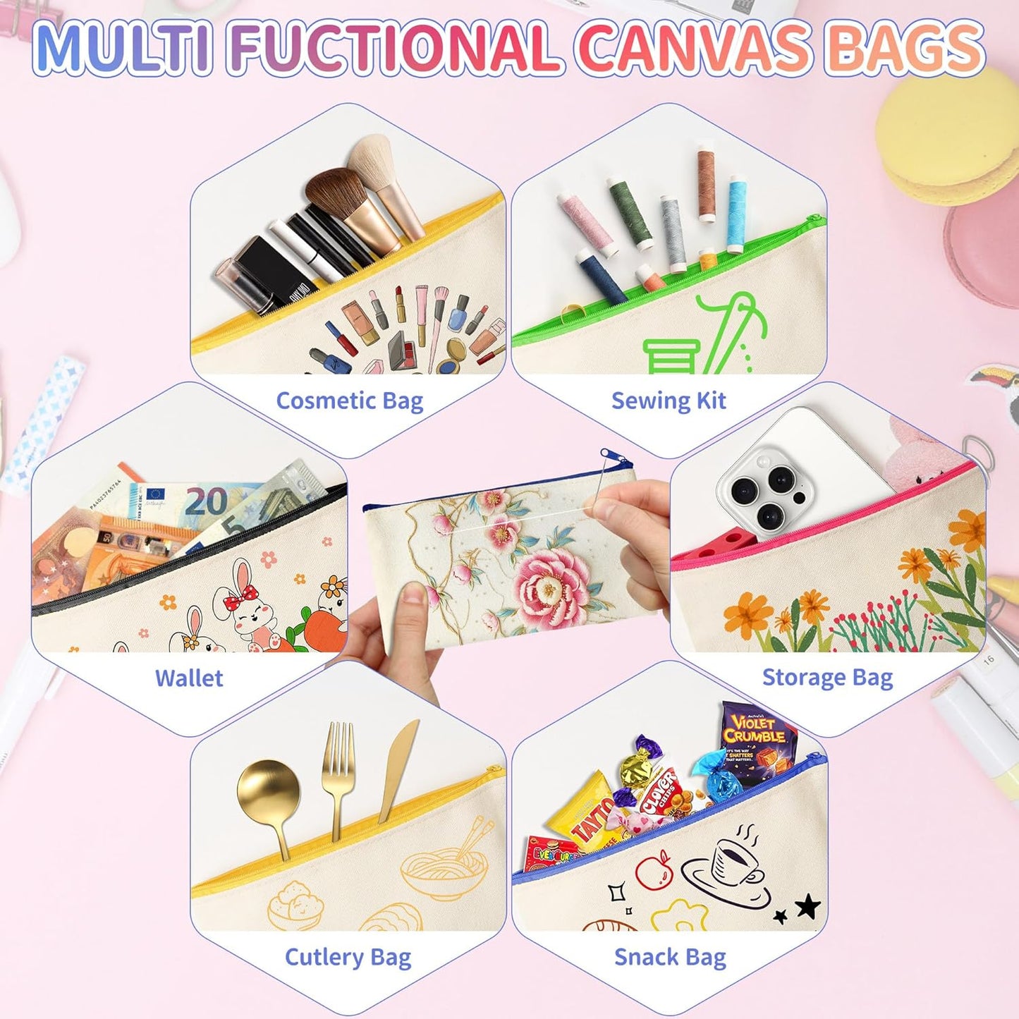Wusboo 24‑Piece Canvas Tote Pencil Case DIY Craft Kit