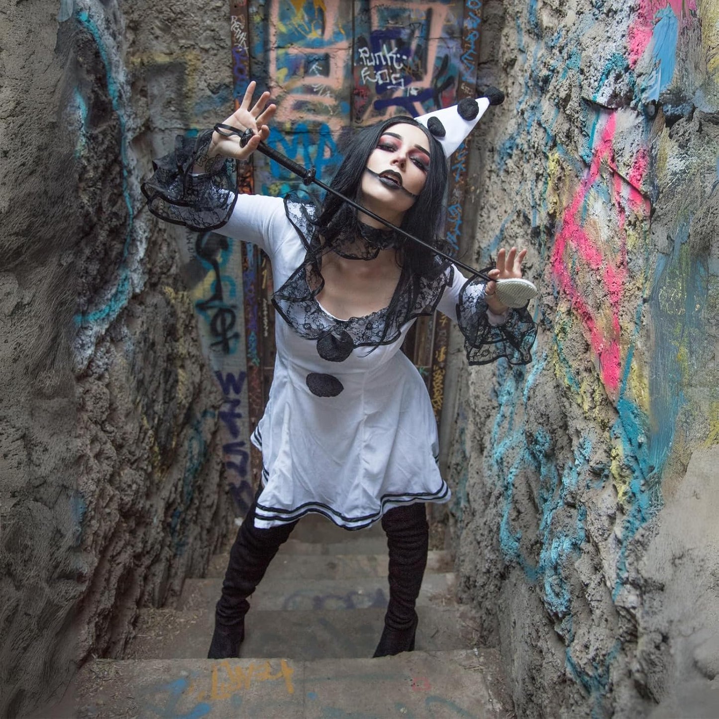 Leg Avenue Women's Pierrot Clown Costume – White & Black Elegance