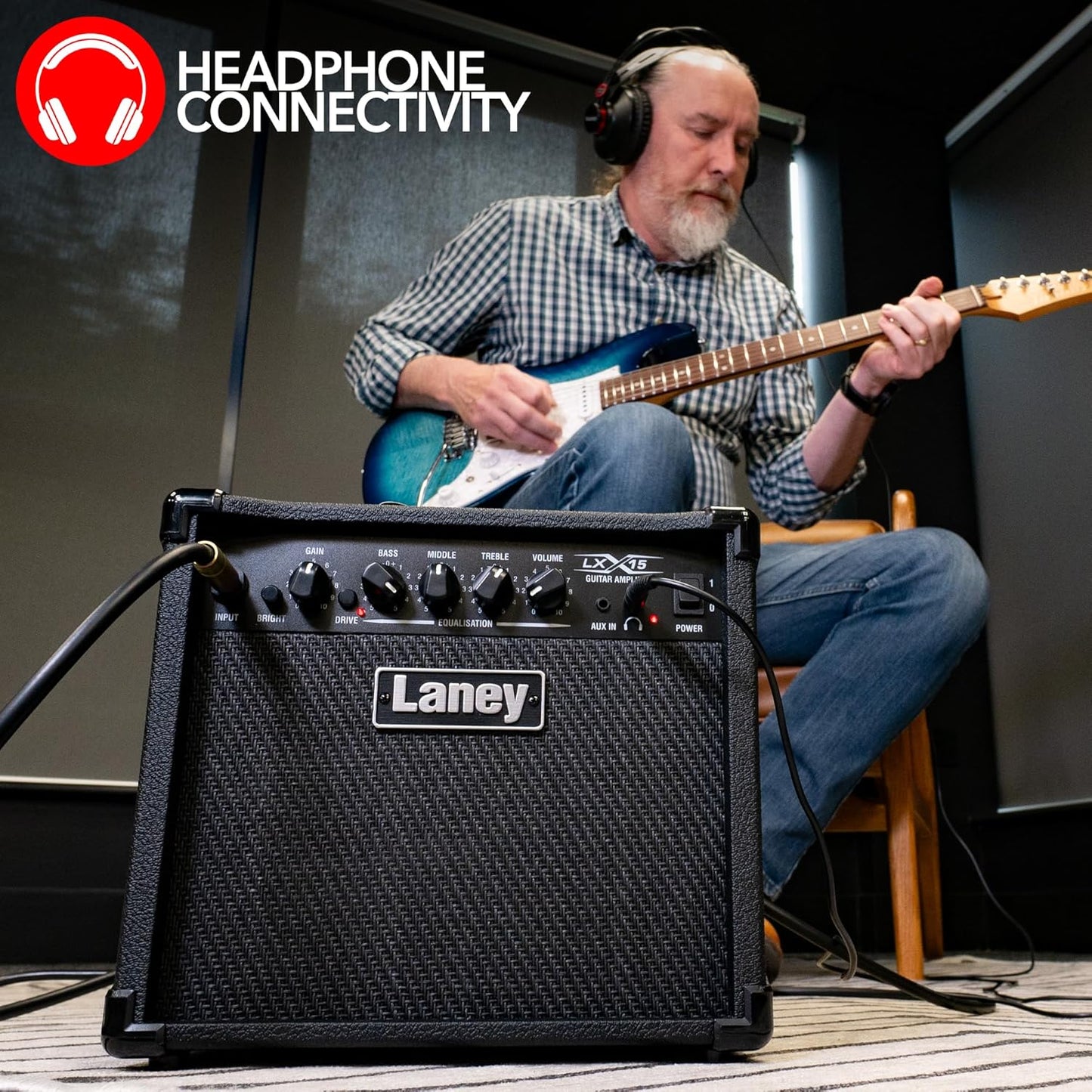 Man playing guitar with a Laney amplifier and 'Headphone Connectivity' logo in the corner.