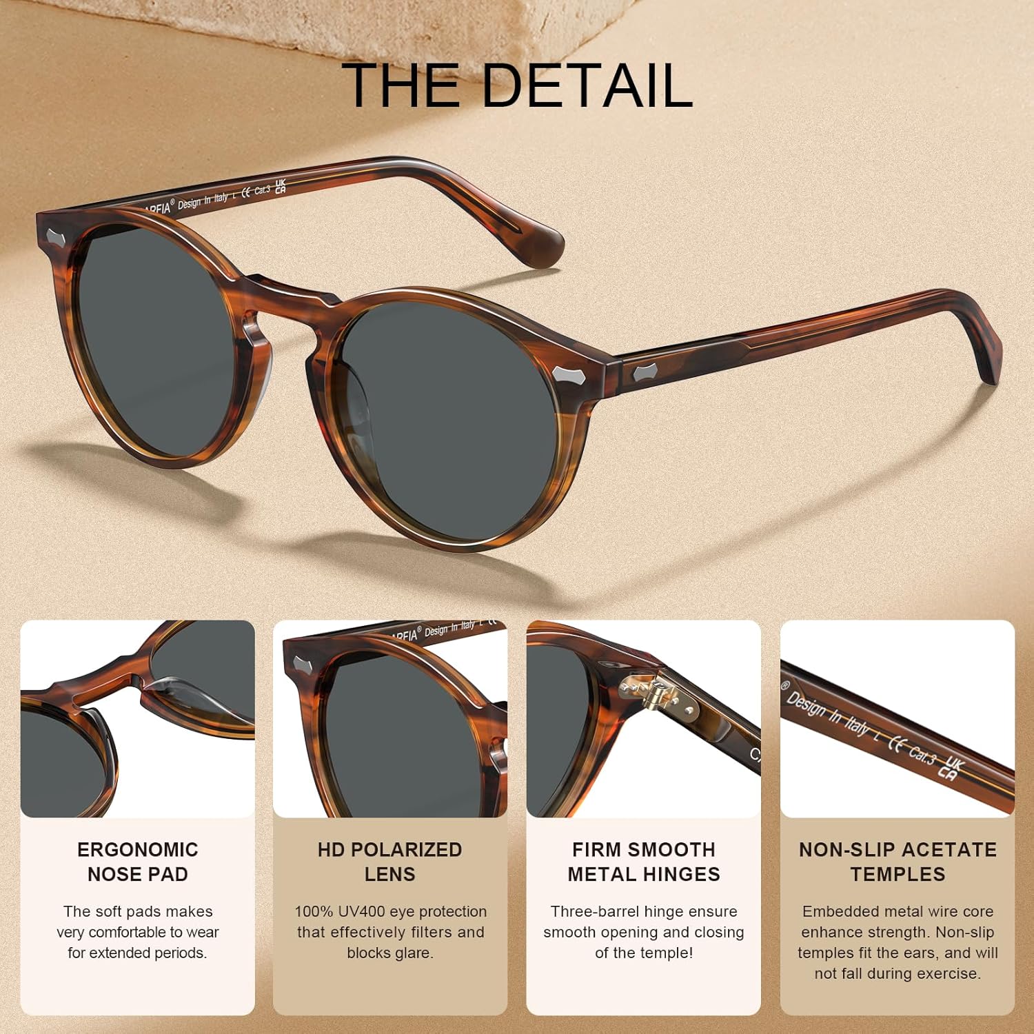 CARFIA Men's Polarized Retro Round Acetate Sunglasses UV400