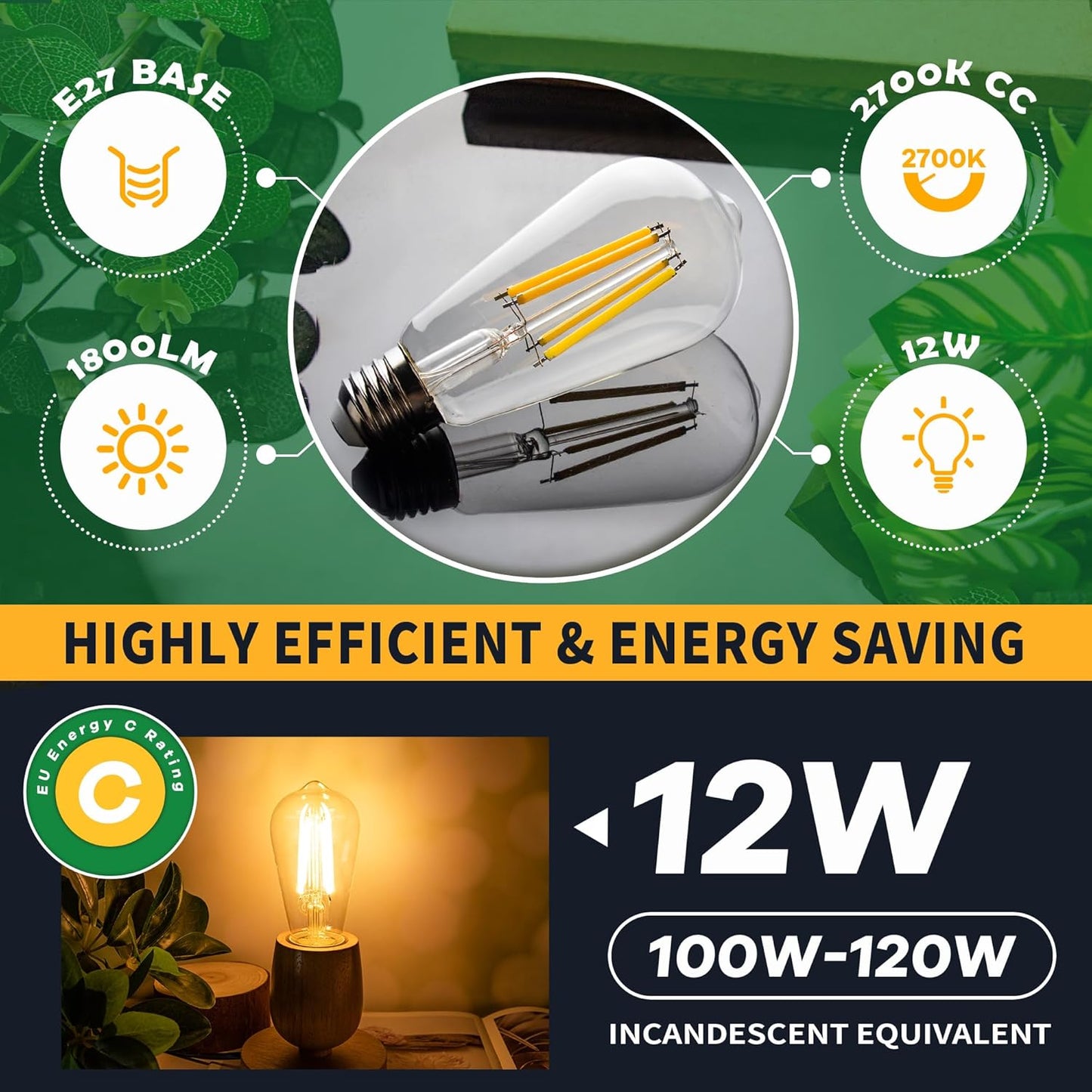 Genixgreen E27 LED ST58 Edison Bulbs: 12W Retro Style Globe Filament Warm White