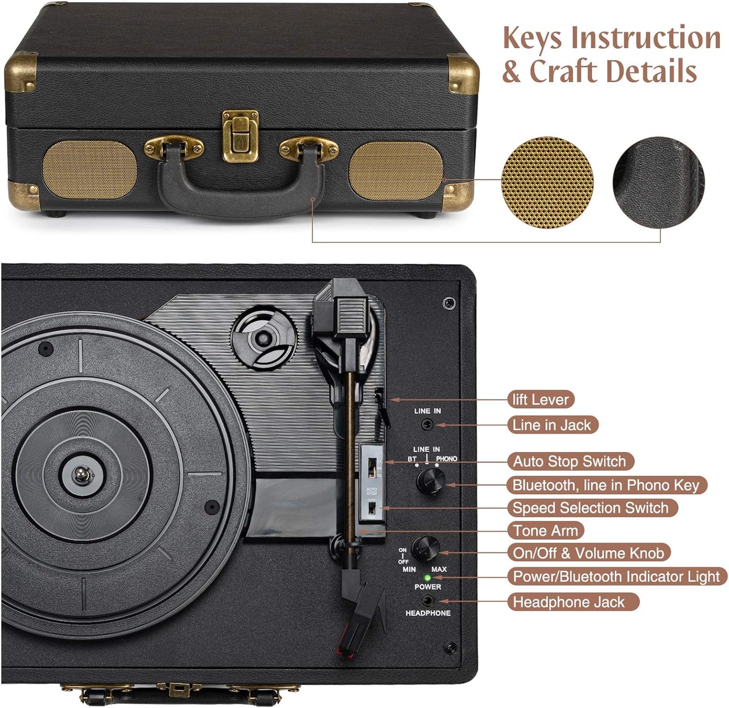 Retrolife Portable 3-Speed Bluetooth Belt-Driven Vinyl Turntable with Built-in Speakers